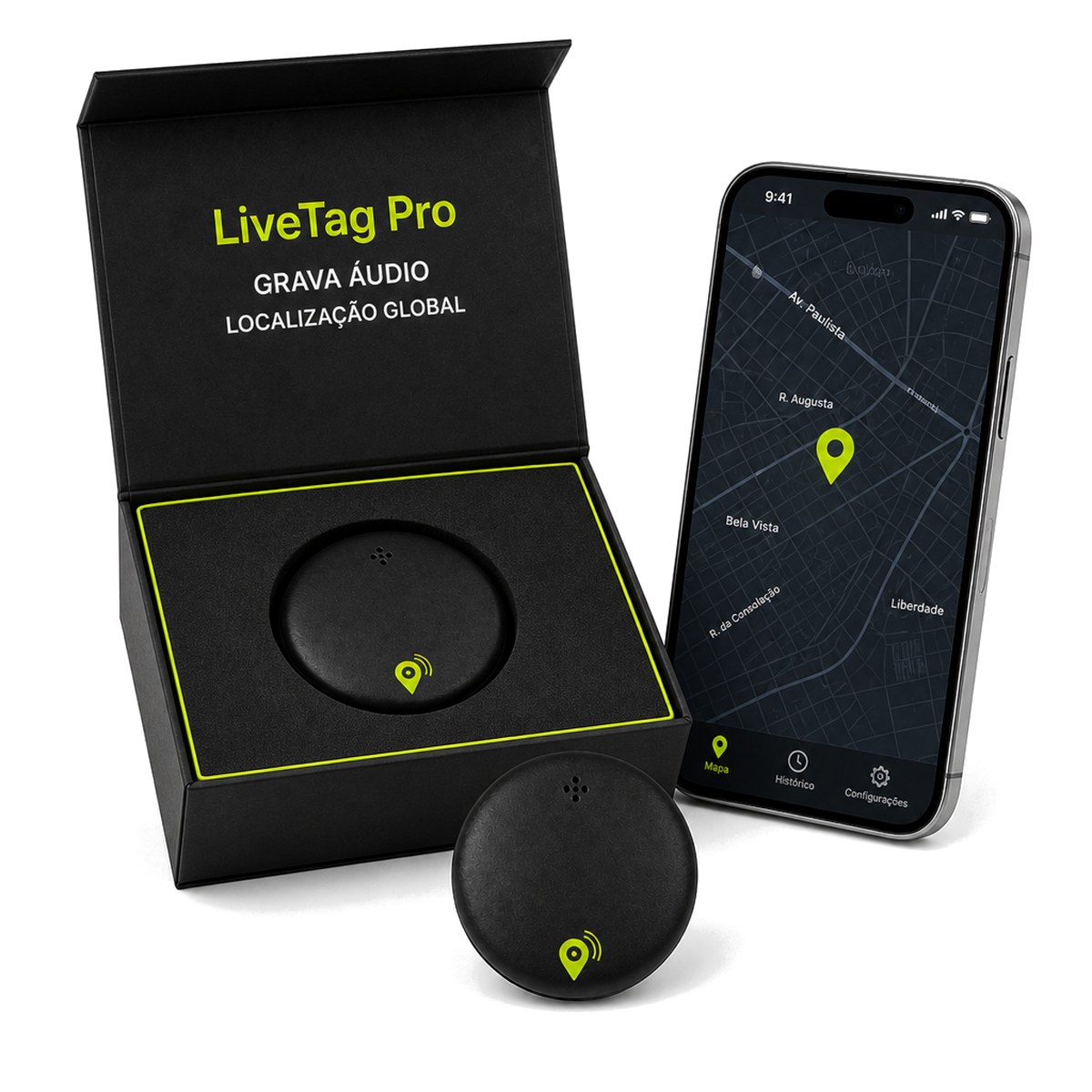 LiveTag Pro com caixa, app no celular e rastreador GPS